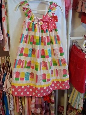 Bonnie Jean White Popsicle Print Sundress with Pink Polka Dot Bow